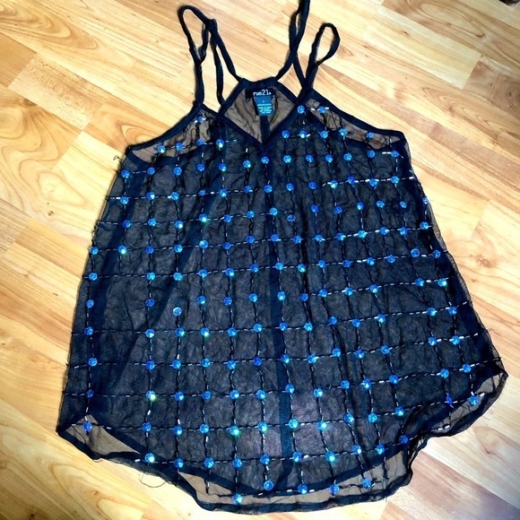 3/$25 🍄 Rue 21 Black Mesh See Through Blue Sequined Beaded Tank Size Large - Picture 2 of 6